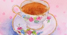 a painting of a teacup and saucer on a pink background with polka dots