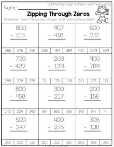 the printable worksheet for adding and subming numbers to zero zeros