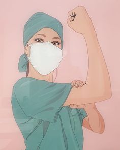 a woman wearing a surgical mask and holding up her arm