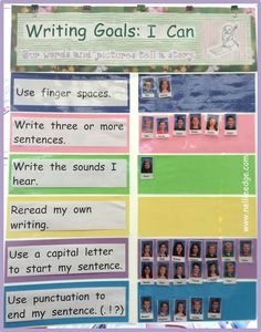 writing goals i can poster with pictures and words on the front, along with an image of