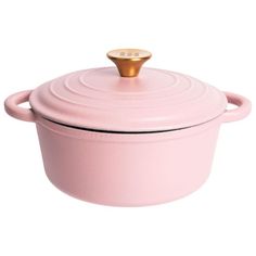 a pink casserole dish with a gold lid