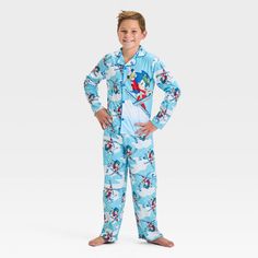 For fun dreamland adventures, your child will love wearing this 2-Piece Sonic the Hedgehog Coat Pajama Set. This pajama set includes a long-sleeve button-down pajama shirt and pull-on pajama pants, both crafted from 100% polyester jersey fabric for all-night comfort. Plus, the PJ pants are designed with a full elastic waistband for a snug fit. Designed in an aqua blue hue, both pieces feature an allover graphic of Sonic skiing for a fan-favorite look. Cozy Pajamas, Pajama Pant, Kids Clothes Boys, Pj Pants, Pajama Shirt, Kids Pajamas, The Hedgehog, Long Sleeve Pyjamas, Blue Hues