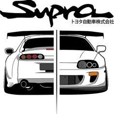 the front and back view of a white car with black lettering on it, in two separate images