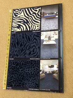 the inside of a brochure with pictures of zebra print and furniture in it