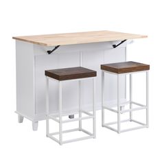 two stools sitting next to a counter with a wooden top on each one side