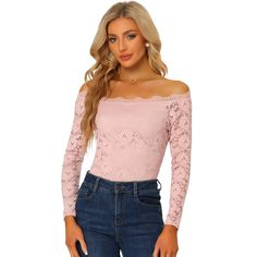 This floral lace blouse is fashioned with an off-shoulder design and feminine sheer long sleeves. Made of lightweight semi-sheer fabric in a fitting silhouette, this elegant lace blouse from Allegra K is designed with lace trim and full sleeves, which is an effortless option for weddings, nights out, or parties. Elevate your style in this off-shoulder top made from floral lace fabric. Scalloped lace trim is adding a romantic feeling to this stretchy blouse, especially for ladies. Floral Lace Fabric, Floral Lace Blouse, Floral Lace Tops, Sheer Fabric, Scalloped Lace, Full Sleeves, Shoulder Design, Off Shoulder Tops, Pink Blouse