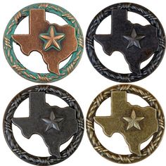 four different colored metal buckles with stars on each one and an arrow in the middle