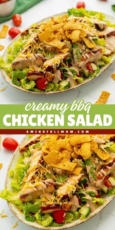 Juicy grilled BBQ chicken meets fresh vegetables and crunchy corn chips in this Creamy BBQ Chicken Salad! A tasty spring salad idea finished with a flavorful BBQ ranch dressing. A hearty choice for your Easter side dish recipes!