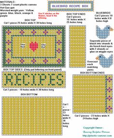 the bluebird recipe box cross stitch pattern is shown in three different colors and sizes