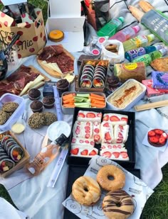 an assortment of food is laid out on a blanket in the grass, including donuts and other snacks