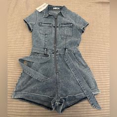 Denim Zip Up Romper With Tie At Waist, Has Stretch, Nwt, Size Medium High Waist Light Wash Denim Jumpsuits And Rompers, High Waist Washed Blue Denim Jumpsuit, Fitted Denim Casual Overalls, Casual High Rise Denim Jumpsuits And Rompers, Casual High-rise Denim Jumpsuit, Fitted Washed Blue Denim Jumpsuit, Casual Fitted Washed Blue Denim Jumpsuit, Light Wash Fitted Casual Overalls, Casual Fitted Light Wash Overalls