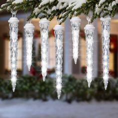 christmas lights hanging from a tree in front of a house with snow on the ground