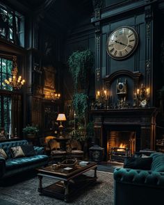 a living room filled with furniture and a large clock