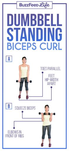 the dumbble standing biceps curl is shown in blue and white, with instructions for