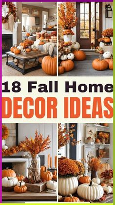 fall home decor ideas with pumpkins and flowers in the living room, dining room or bedroom