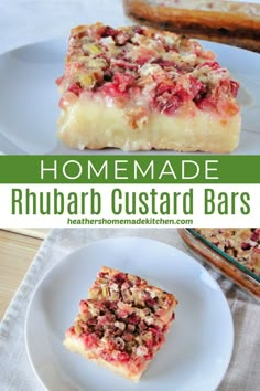 homemade rhubarb custard bars on a white plate with text overlay