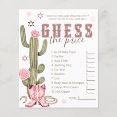 a baby shower game with pink cowboy boots and flowers on the front, which reads guess the price