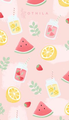 a pink background with watermelon, lemons and strawberries