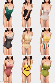 six different types of women's swimsuits in various colors