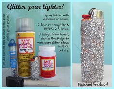 two different types of glitters and glue on a table with the words, glitter your lighter