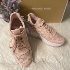 New With Box Michael Kors Wedge Sneakers, Mk Sneakers, Michael Kors Slip On, Michael Kors Wedges, Studded Sneakers, Leopard Sneakers, Denim Sneakers