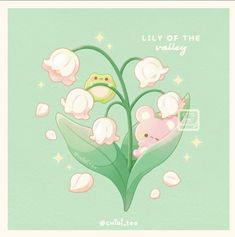 a card with an image of two little pigs in a lily of the valley flower