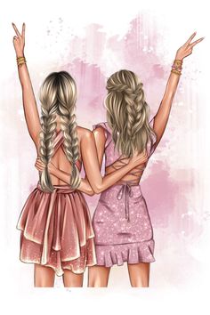 two girls are standing back to back with their arms in the air