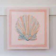 an abstract painting of a seashell in pastel colors on a white wall above a pink frame