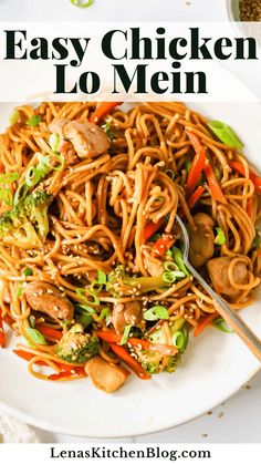 an easy chicken lo mein recipe with broccoli and carrots on a white plate