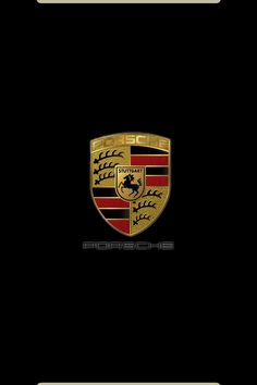 the porsche logo is shown in gold and red on a black background with white trim