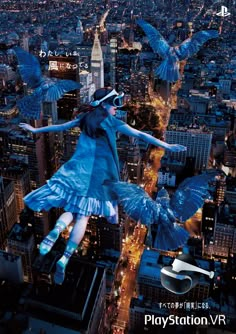 a woman flying through the air over a city