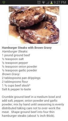 the recipe for hamburger steaks with brown gravy is shown in this screenshot