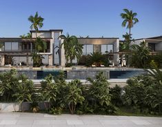 an artist's rendering of a house with palm trees surrounding it and a swimming pool in the foreground