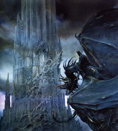 a giant black dragon standing in front of a tall building with spires on it's sides