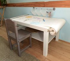 a white table and chair in a room