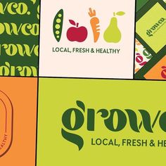 several different logos are shown in this collage for grow local, fresh & healthy