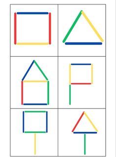 four different colored shapes are shown in the shape of houses