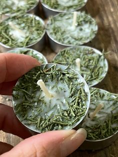 a person is holding some kind of cupcakes with herbs on them in tins