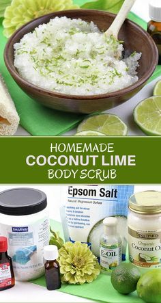 homemade coconut lime body scrub in a bowl with ingredients around it and on the table