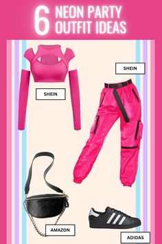 a pink outfit with the words neon party outfits on it and an image of a woman's purse