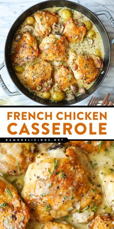 Looking for simple family meals? Here's a chicken dinner recipe! Cooked in a white wine sauce with potatoes, mushrooms, and herbs, this easy French chicken casserole is so cozy and wholesome! French Chicken Casserole, French Chicken, Brown Chicken, Chicken Casserole Recipe, Makanan Diet, French Cooking, Chicken Dishes Recipes, Healthy Easy, Dinner Idea