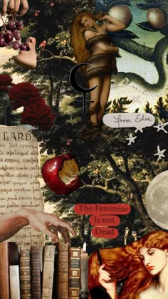 a collage of images with books and an image of a woman in the woods