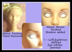 three different types of eyes and hair for barbie doll dolls, with instructions on how to use them