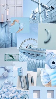 a collage of blue and white images