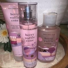 BATH AND BODY WORKS BERRY WAFFLE CONE BODY MIST, CREAM & WASH (SET OF 3). Berry Waffle Cone Bath And Body Works, Bath And Body Works Body Wash, Aesthetic Bath And Body Works, Berry Waffle Cone, Body Scents, Scent Combos