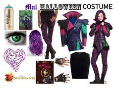 a collage of costume items including an eyeball, purple hair and green eyes