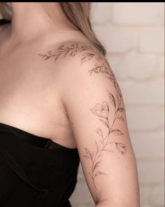 Lily Of The Valley Tattoo Arm Wrap, Arm Wrap Tattoo Design, Lily Wrap Around Tattoo, Shoulder Tattoo Template, Poppy Shoulder Tattoo, Shoulder Fine Line Tattoo, Around Shoulder Tattoo, Lily Tattoo Shoulder, Nani Tattoo