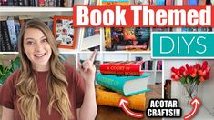 a woman is pointing to books on the shelf and there are pictures behind her that say, book themed diy's