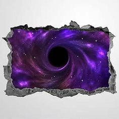 a hole in the wall that has a black hole in it with purple and blue stars