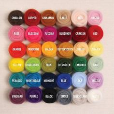 the colors of crochet thread are arranged in rows and labeled on each side